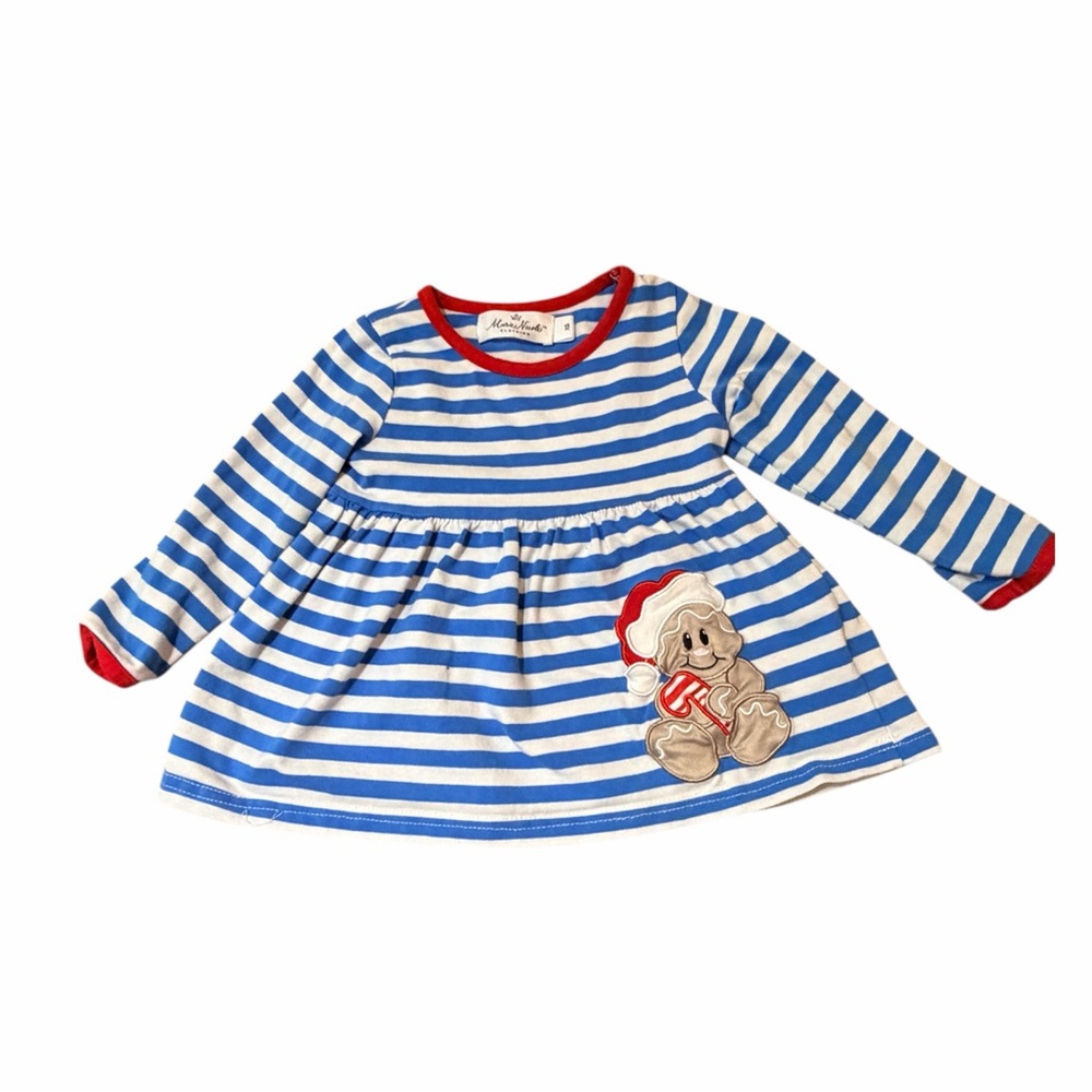 Blue and White Striped top with gingerbread man
